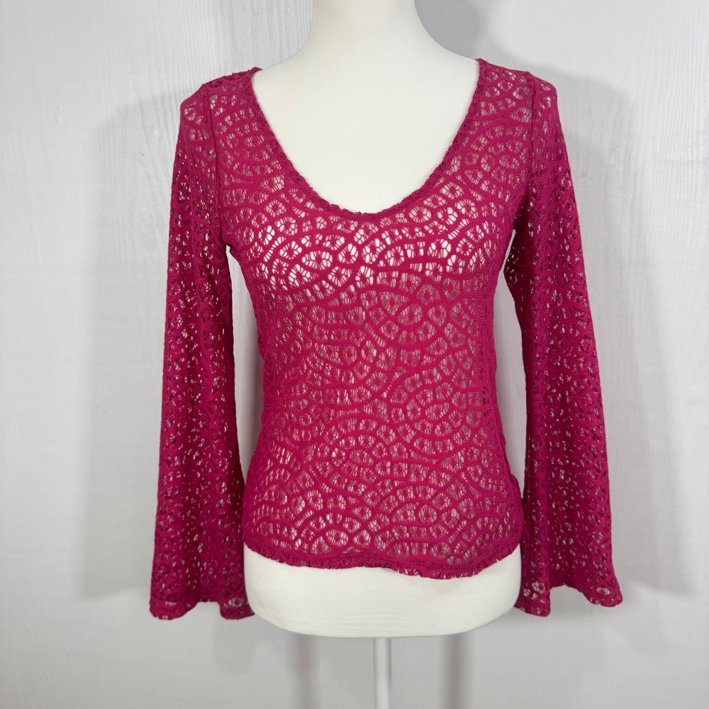 Hollister Boho Y2K Women Crochet Knit Top Bell‎ Sleeve Deep V Neck Sweater Sz XS - Picture 11 of 12